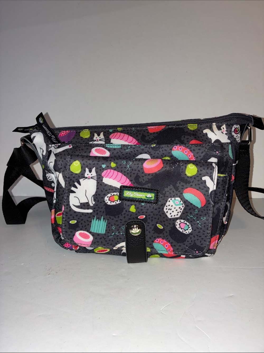 Lily Bloom Crossbody Bag. Cat and Sushi Themed.